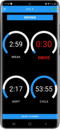 A screenshot of the Blue Ink Tech app's available cycle hours page for ELD use'