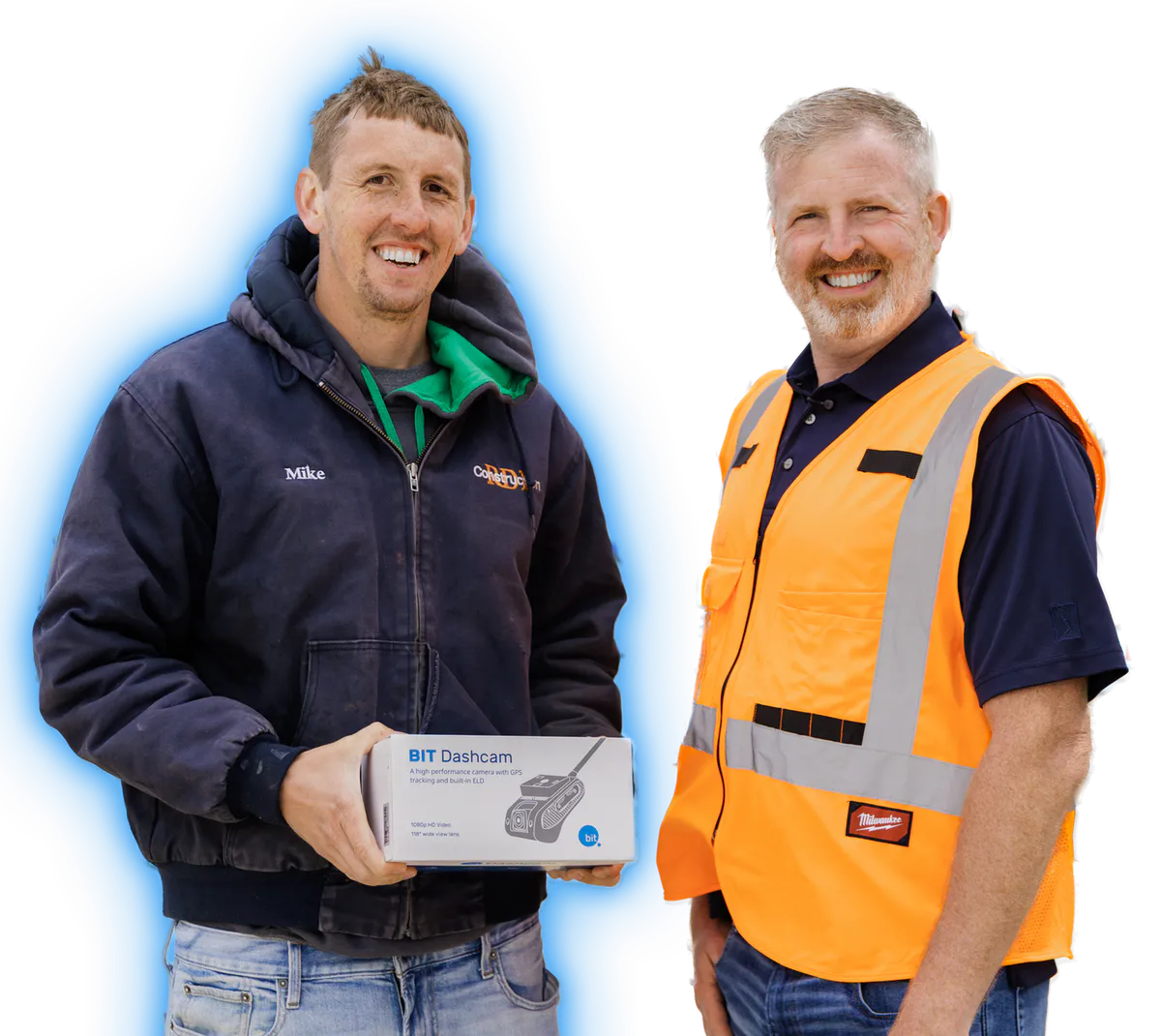 Mike Riegel, CEO of Blue Ink Tech, lit in blue and holding a BIT Dashcam box beside a man in a hi-vis vest, in front of the American flag