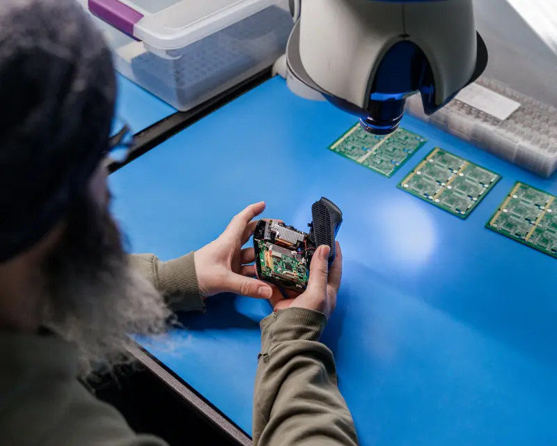 A BIT Dashcam being assembled by hand at the bench