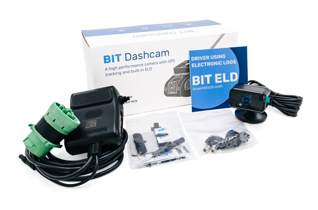 The BIT Dashcam kit laid out in front of its box