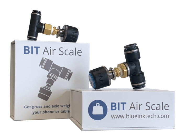 BIT Air Scale fittings in 1/4” and 3/8” sizes on Air Scale boxes that read “Get gross and axle weight on your phone or tablet”